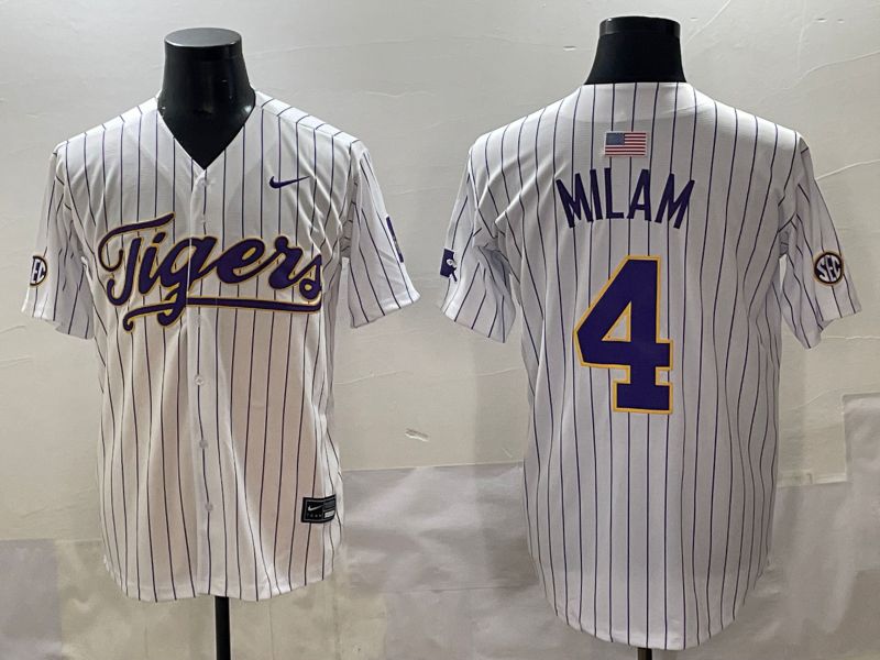 Men 2025 LSU Tigers #4 Milam White Stripe Nike Joint Name Nike NCAA Jersey style 2